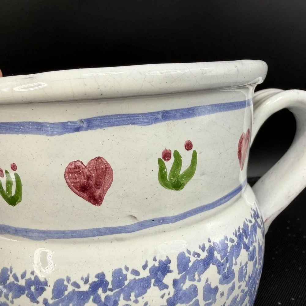 Vintage MM Portugal Hand Painted Terracotta Pitcher Blue‎ Sponge Heart Folk Art